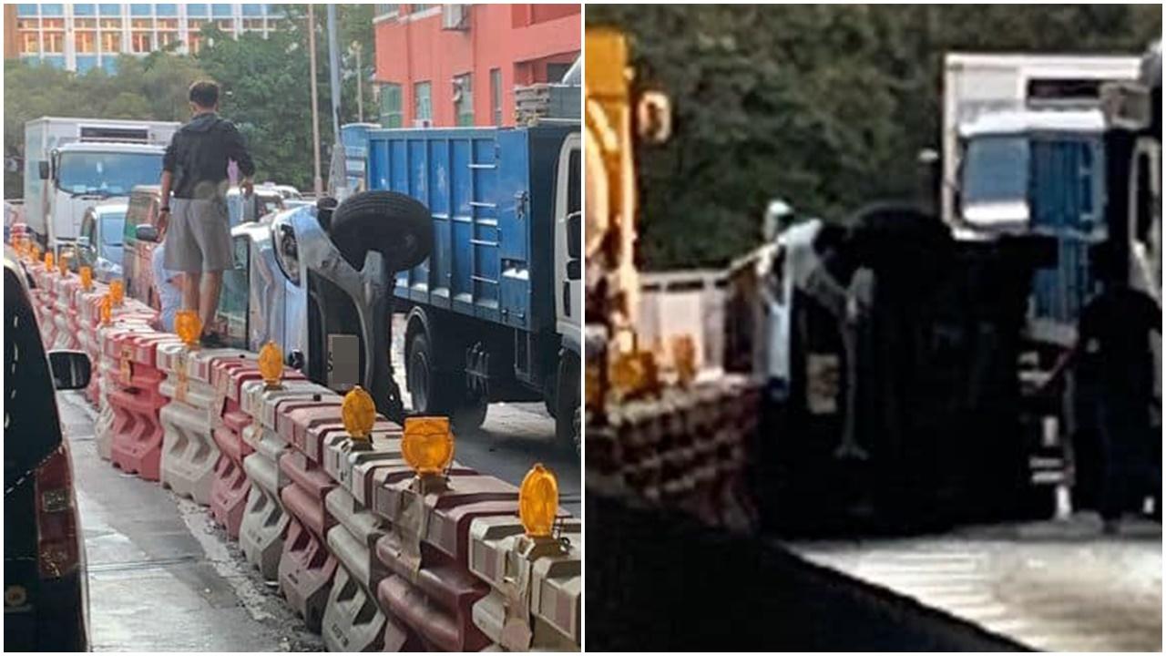 加士居道私家車翻側司機下落不明。(馬路的事 (即時交通資訊台)@FB)