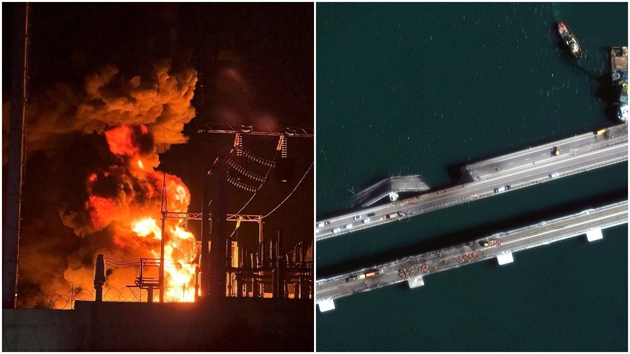 俄境內有變電站受襲起火，普京下令克里米亞大橋明年7月前修復。(Twitter)