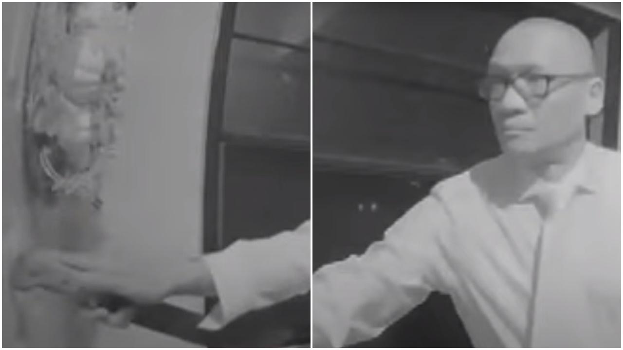 美國領呔男持開山刀夜半按門鐘。(YouTube)