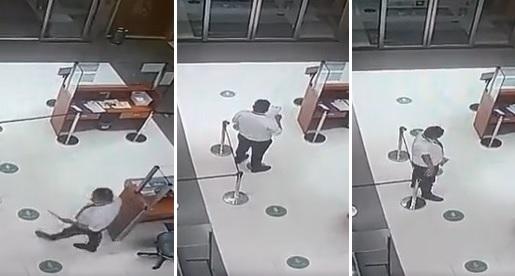 左至右：警衛見自動門打門即上前，做登記，並指示方向。(互聯網)