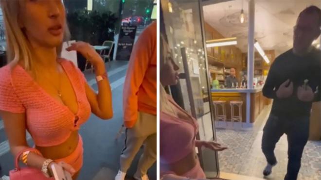 波爾斯卡因穿著Deep V上衣露出乳溝，被餐廳老闆拒諸門外。(互聯網)