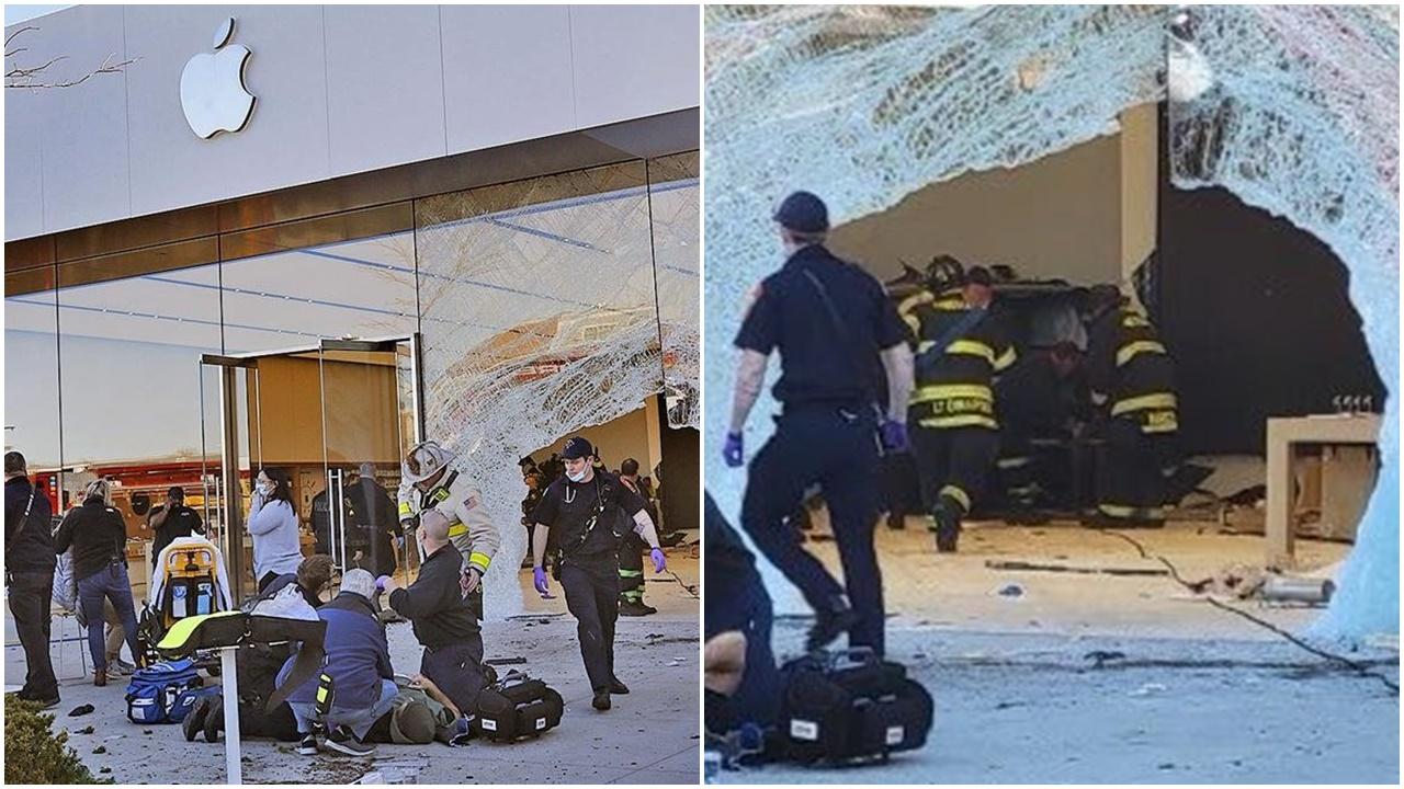 美國麻省有汽車撞入蘋果專賣店釀1死16傷。(Twitter)