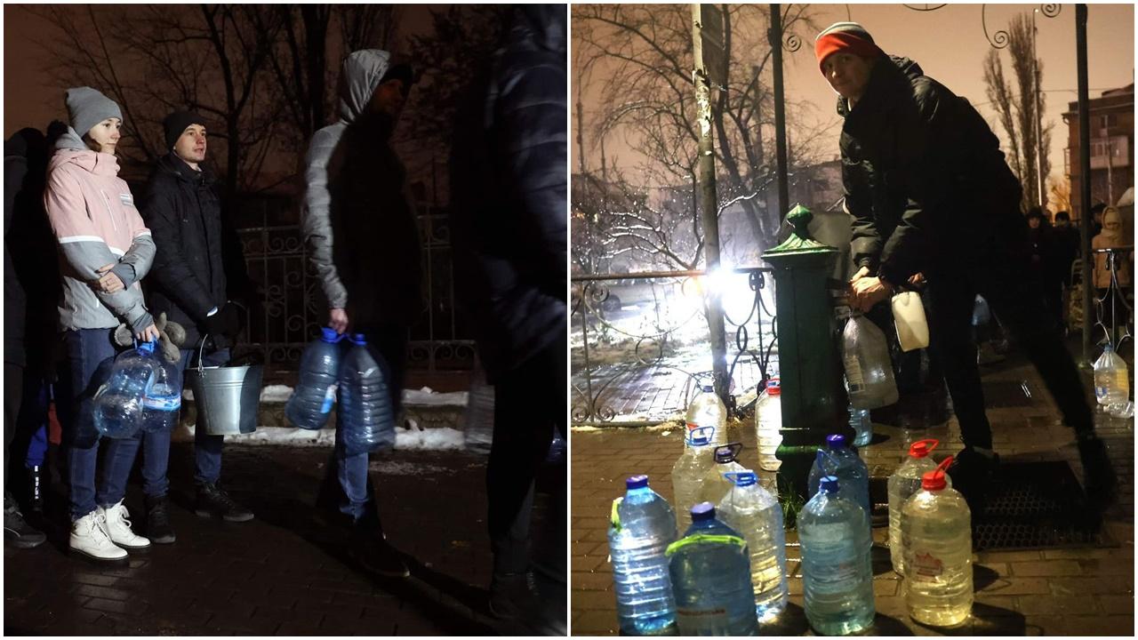 烏克蘭多處停水停電居民街頭輪水，俄方指烏答應要求可結束人民苦難。(Twitter)