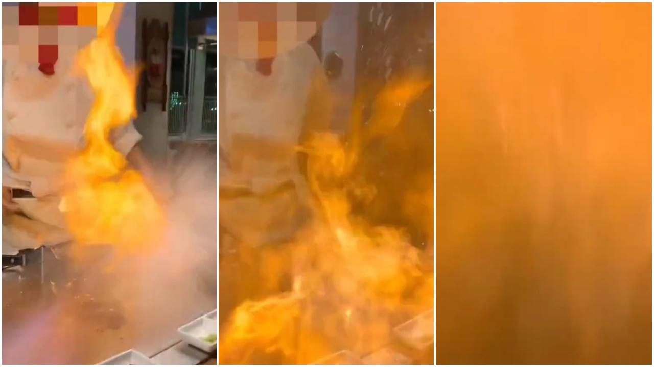 沖繩鐵板燒廚師表演失手火噴面，5歲半男童面手灼傷送院。(Twitter)