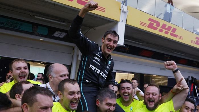 羅素在巴西贏得首次分站冠軍。(路透社)