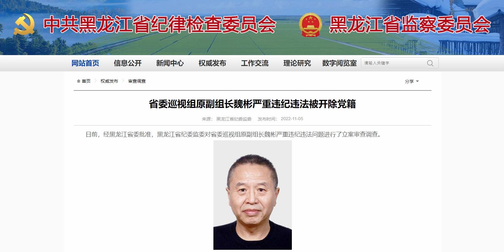 黑龍江省委巡視組前副組長魏彬嚴重違紀違法及涉嫌受賄等罪，被開除黨籍並移送起訴。