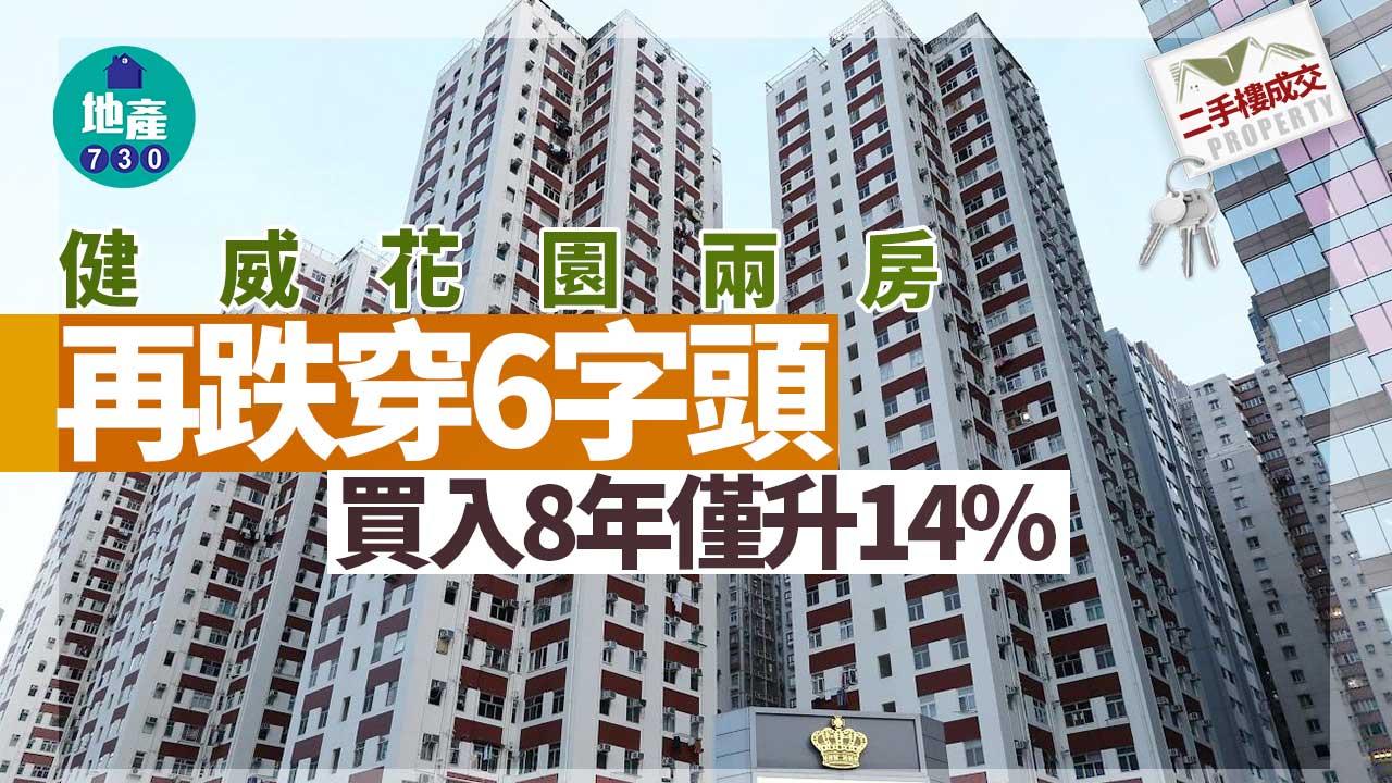 二手樓成交｜健威花園兩房再跌穿6字頭 買入8年僅升14%