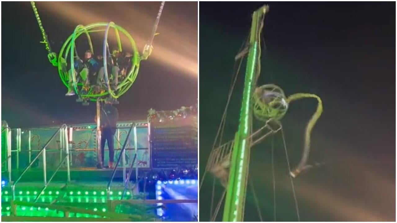 英國遊樂場彈弓椅斷彈弓，2人半空狂揈嚇到爆粗。(Twitter)