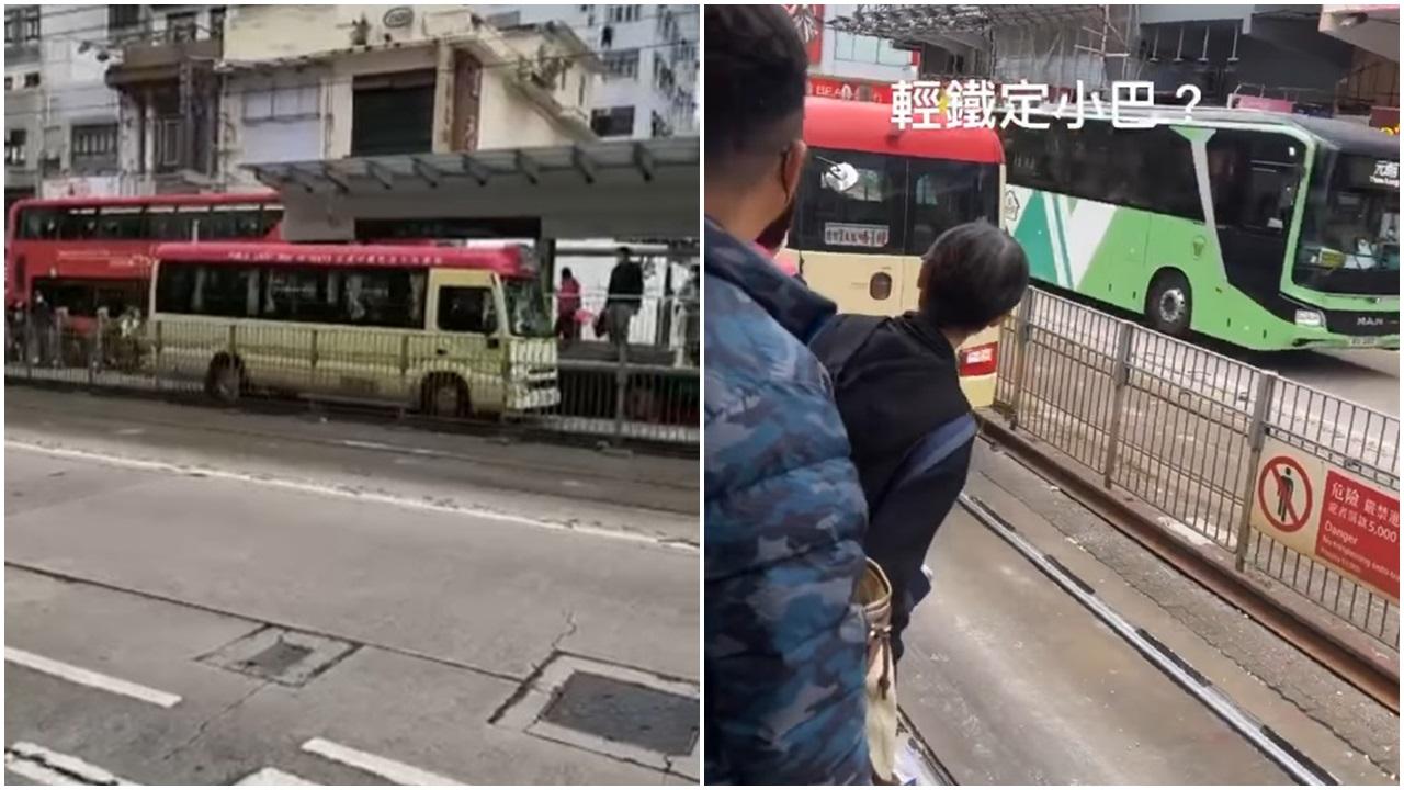 元朗紅色小巴避塞車行輕鐵路軌。(馬路的事討論區@fb圖)