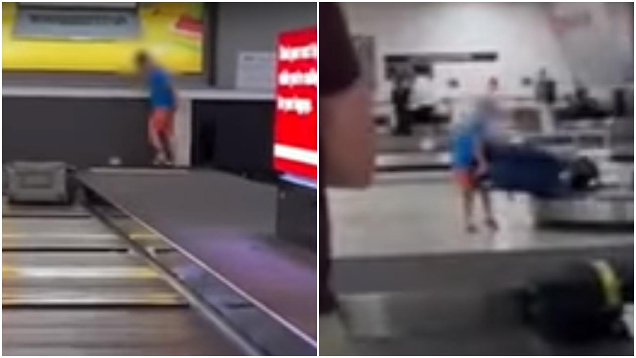 百厭星屢勸不聽，跑行李輸送帶掉行李，被機場廣播一句K.O.。(YouTube)