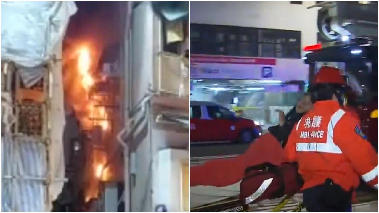 筲箕灣東泰大廈火警一度傳爆炸聲，1男1女送院。(電視截圖)