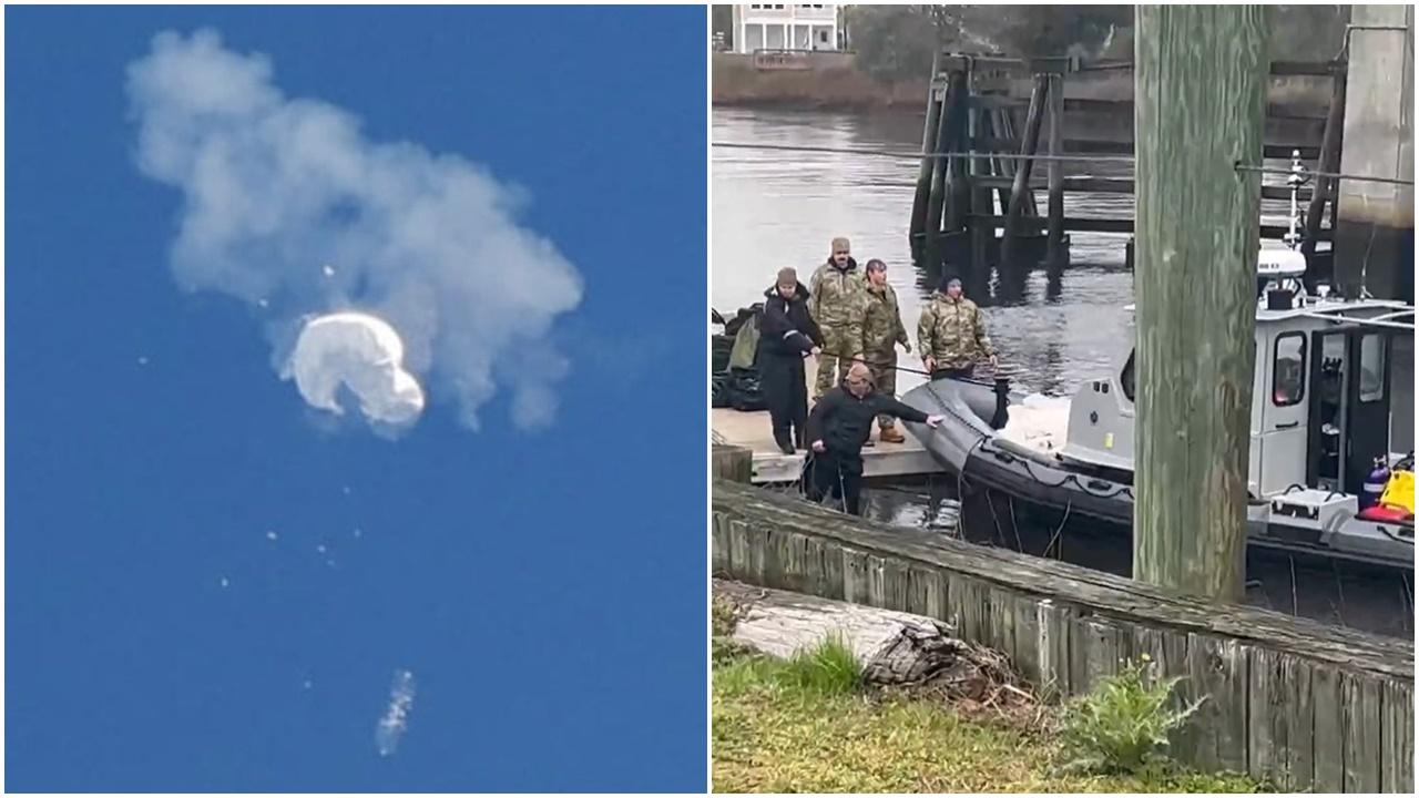 美國海軍疑已將氣球殘骸打撈上岸。(Twitter)