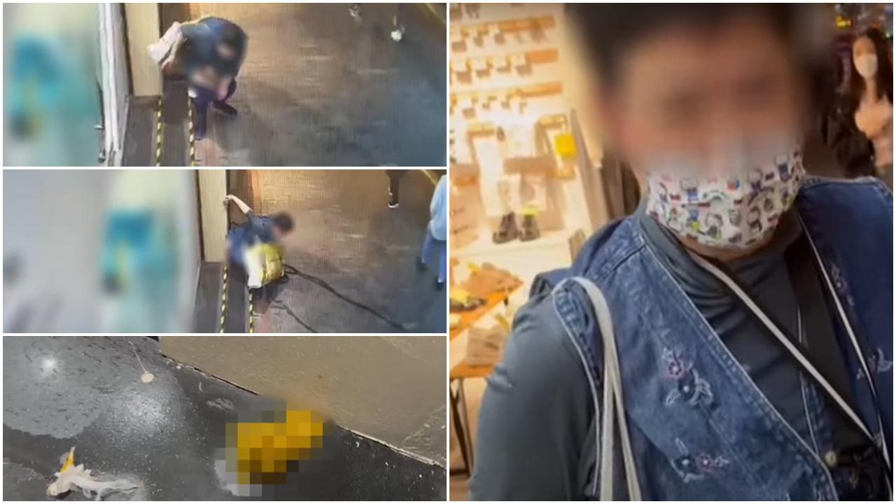 一名大媽在彌敦道路邊公然便溺。(TVB東張西望YouTube截圖)