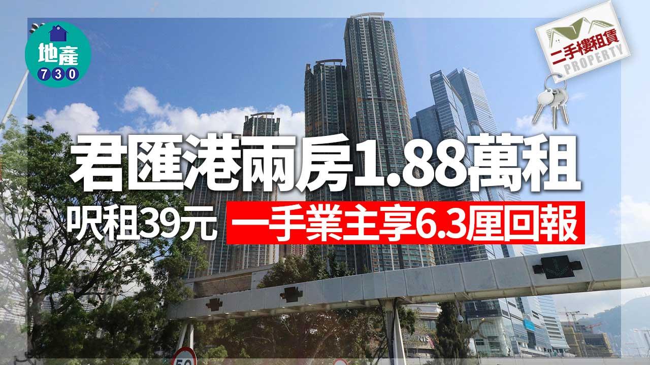 二手樓租賃｜君匯港兩房1.88萬租 呎租39元 一手業主享6.3厘回報