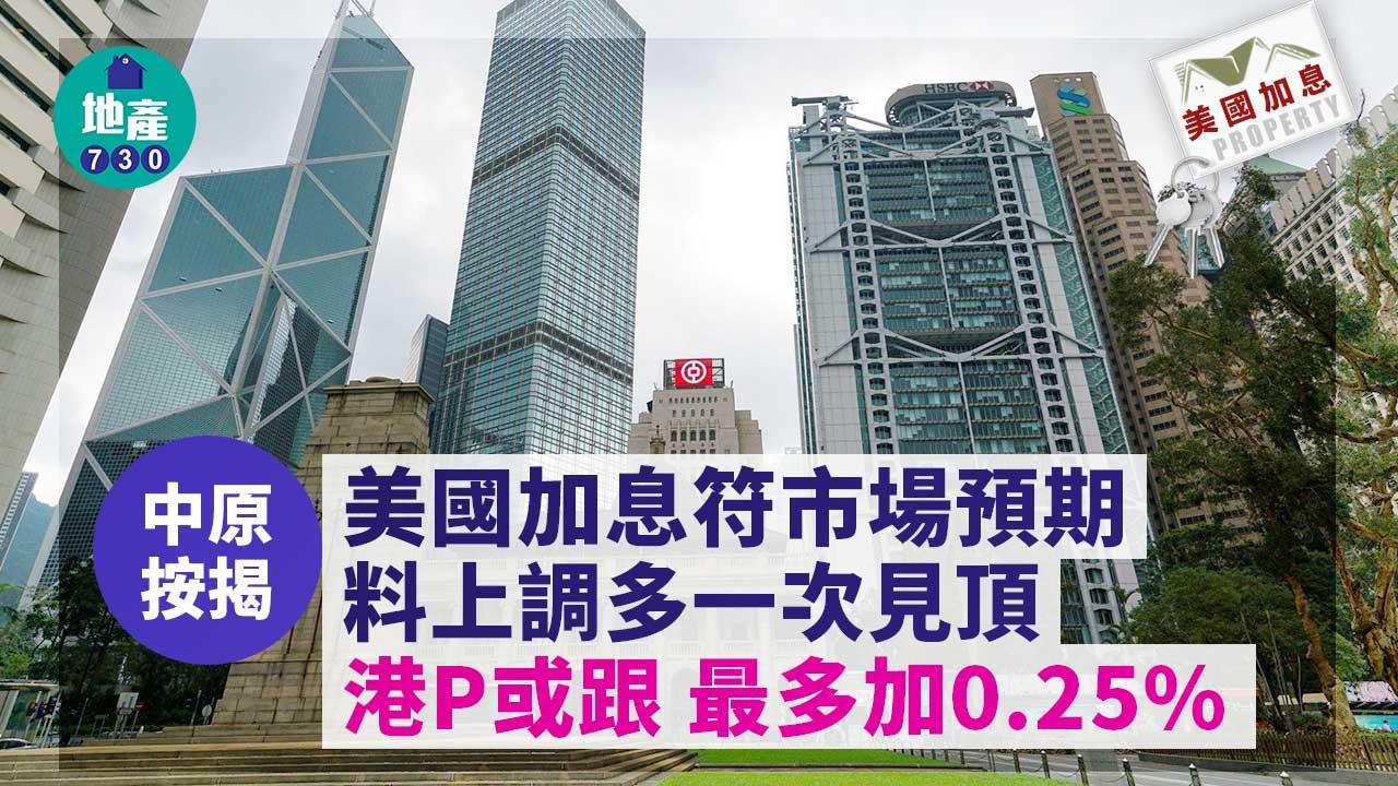 美國加息｜中原按揭：符市場預期 料上調多一次見頂 港P或跟 最多加0.25%