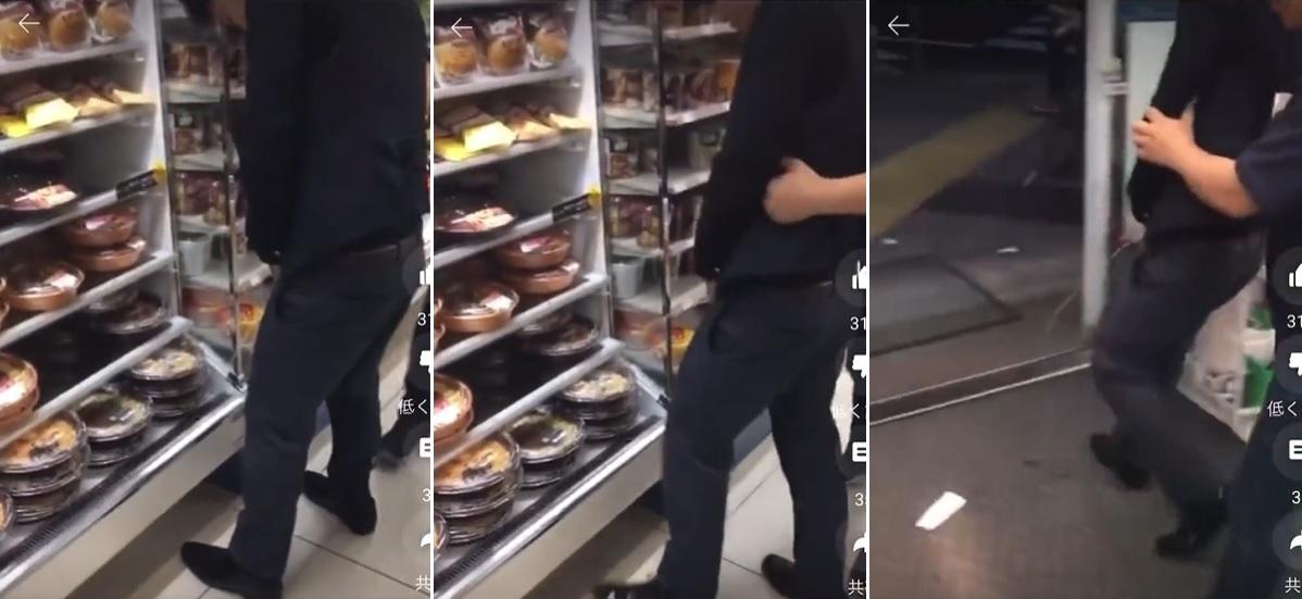 左至右：男子向冷藏熟食撒尿，下層食物被沾污，店員將他拉走，他竟沿路射尿。(互聯網)