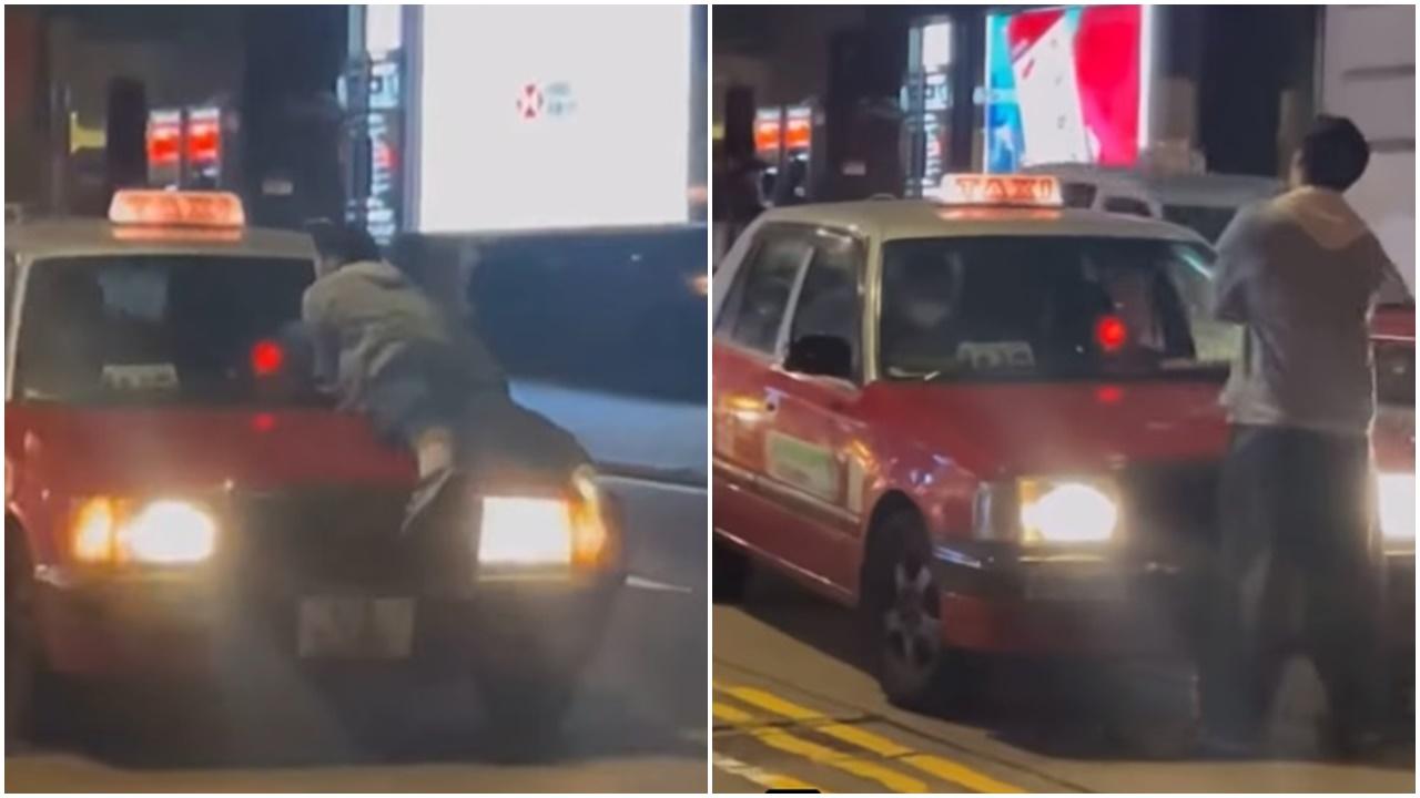 醉漢趴的士大鬧畢打街，網民：開車已經輸咗。(FB)