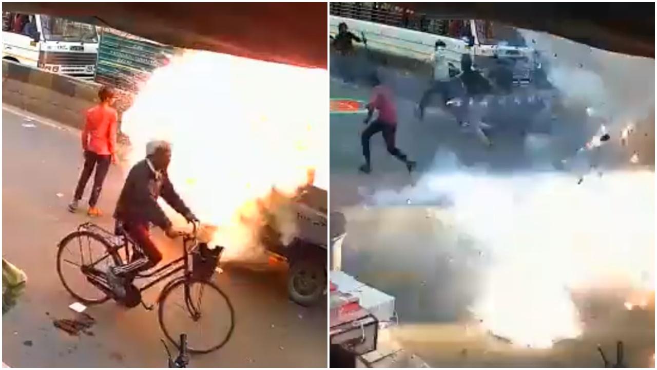 印童炮仗車旁燒炮仗致猛烈爆炸，釀1死多傷。(Twitter)