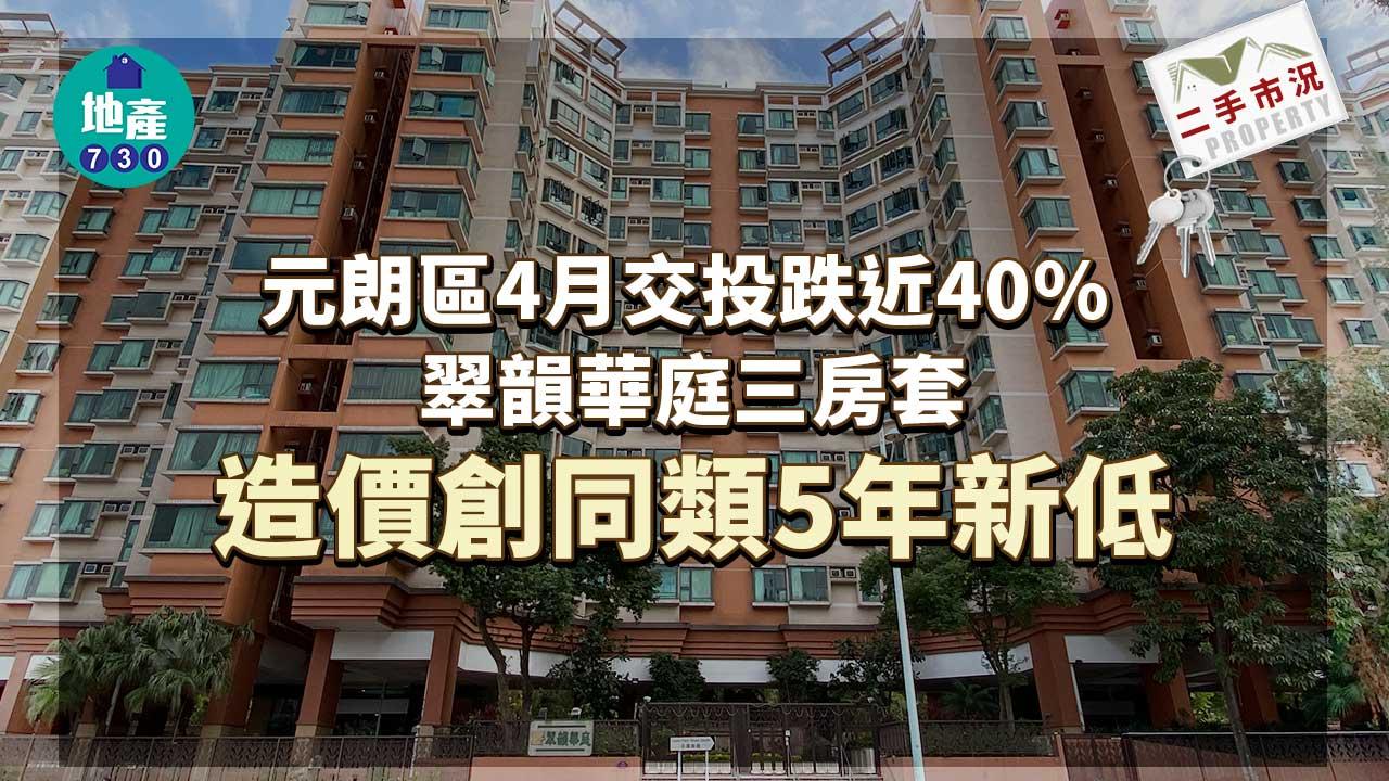 二手市況｜元朗區4月交投跌近40% 翠韻華庭三房套造價創5年新低