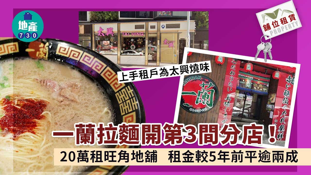 舖位租賃｜一蘭拉麵開第3分店 20萬租旺角地舖 租金較5年前平逾兩成