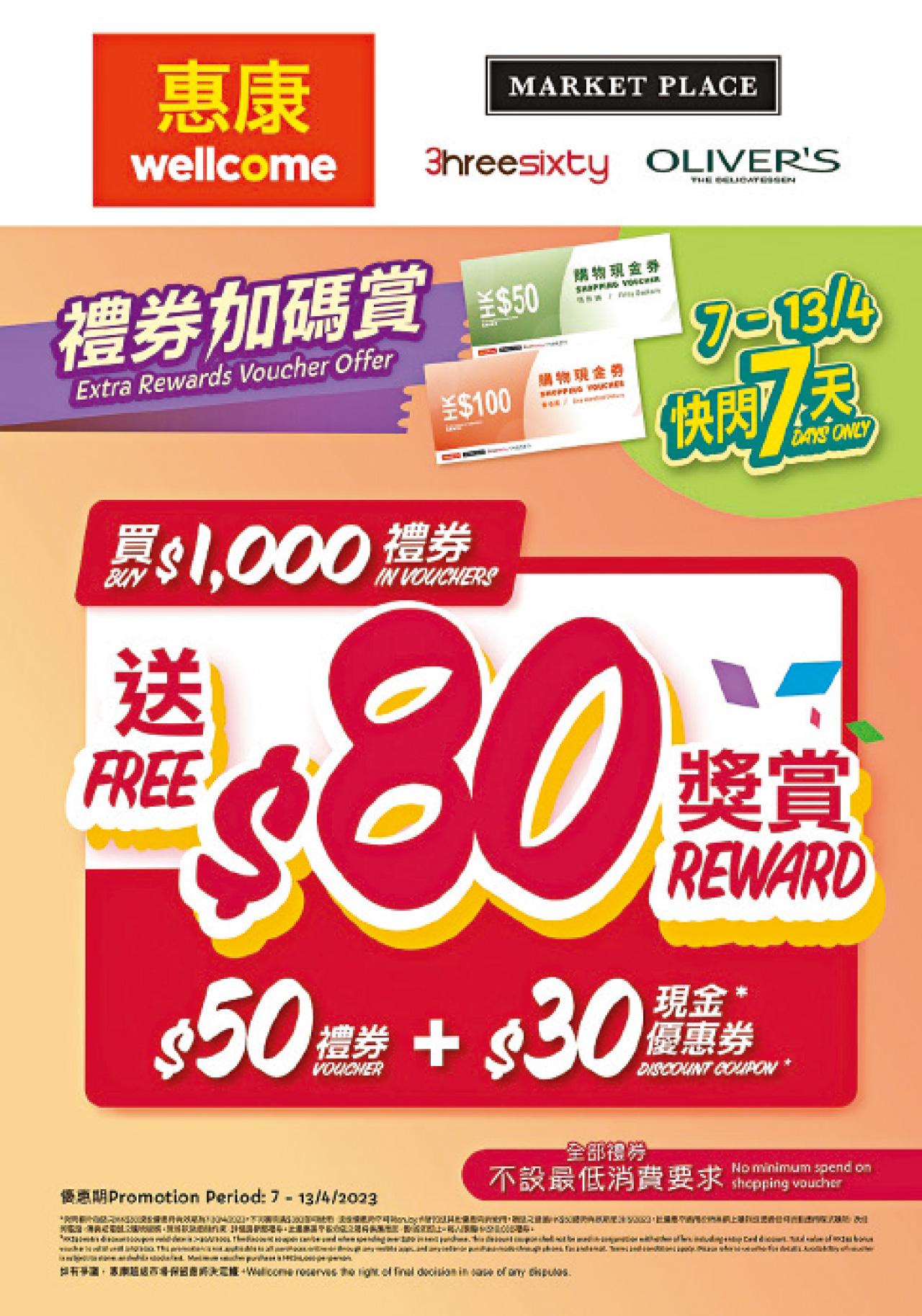 惠康限時三重優惠 買$1000現金禮券即送$80