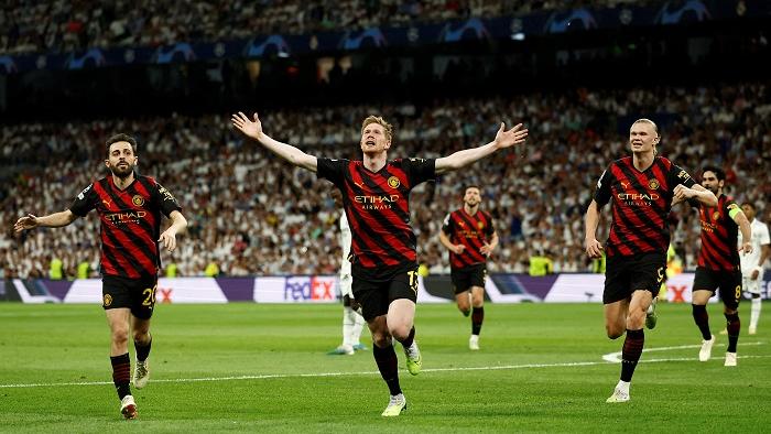 迪布尼為曼城作客追平皇馬。(路透社)