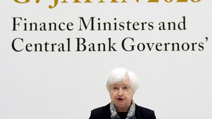 美國財長耶倫在G7財長會議舉行記者會。(路透社)