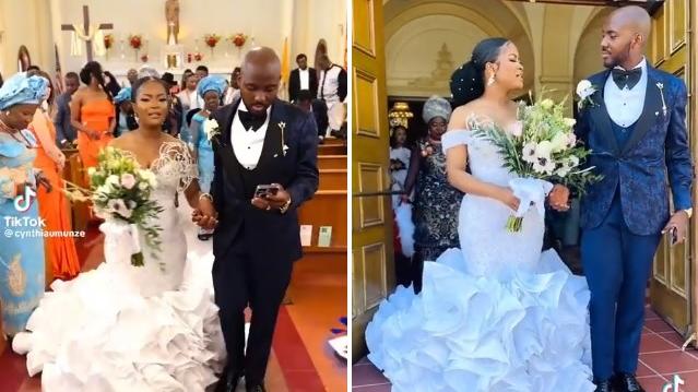 步出教堂時，新郎全程在滑手機(左)，新娘到教堂門外即變臉問罪(右)。(互聯網)