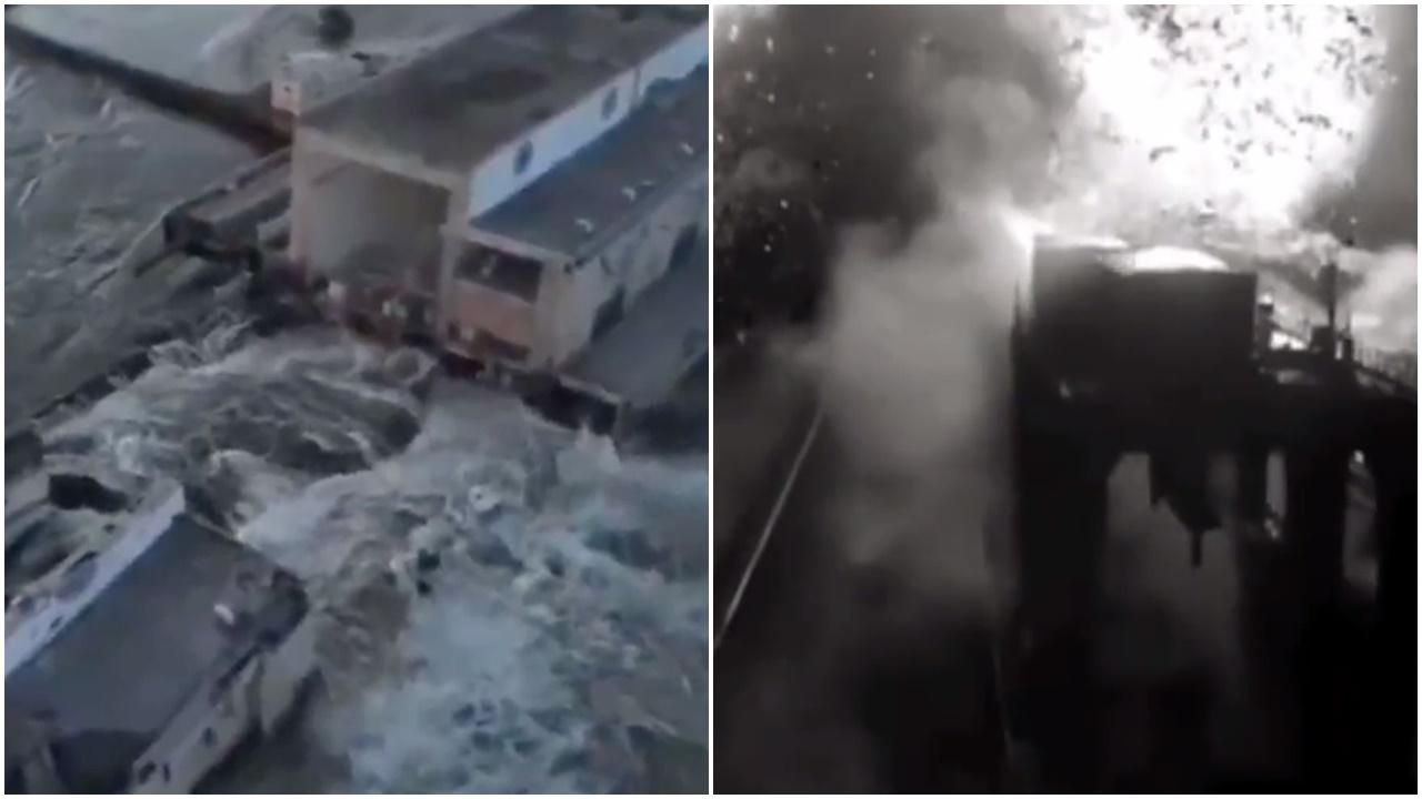 烏克蘭赫爾松有水壩被炸居民緊急撤離，爆炸一刻畫面曝光。(Twitter)