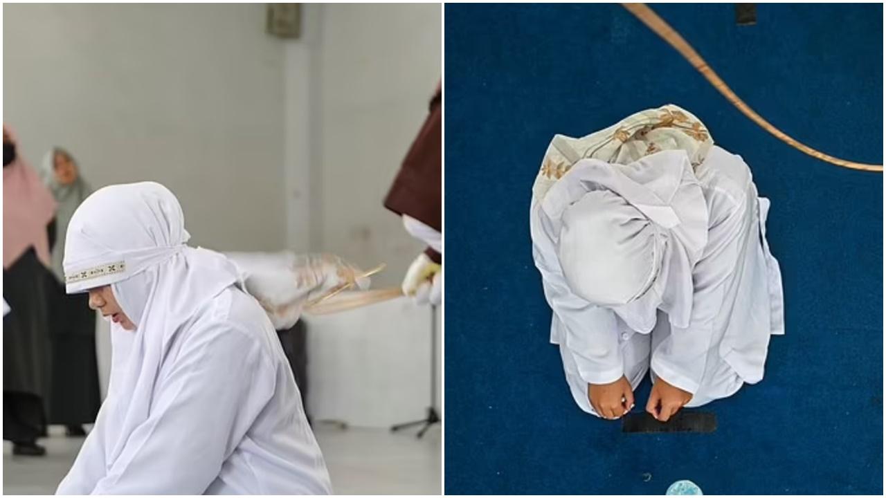 印尼情侶車內接吻遭公開行鞭刑，女方跪住被鞭痛到要人扶。(Twitter)