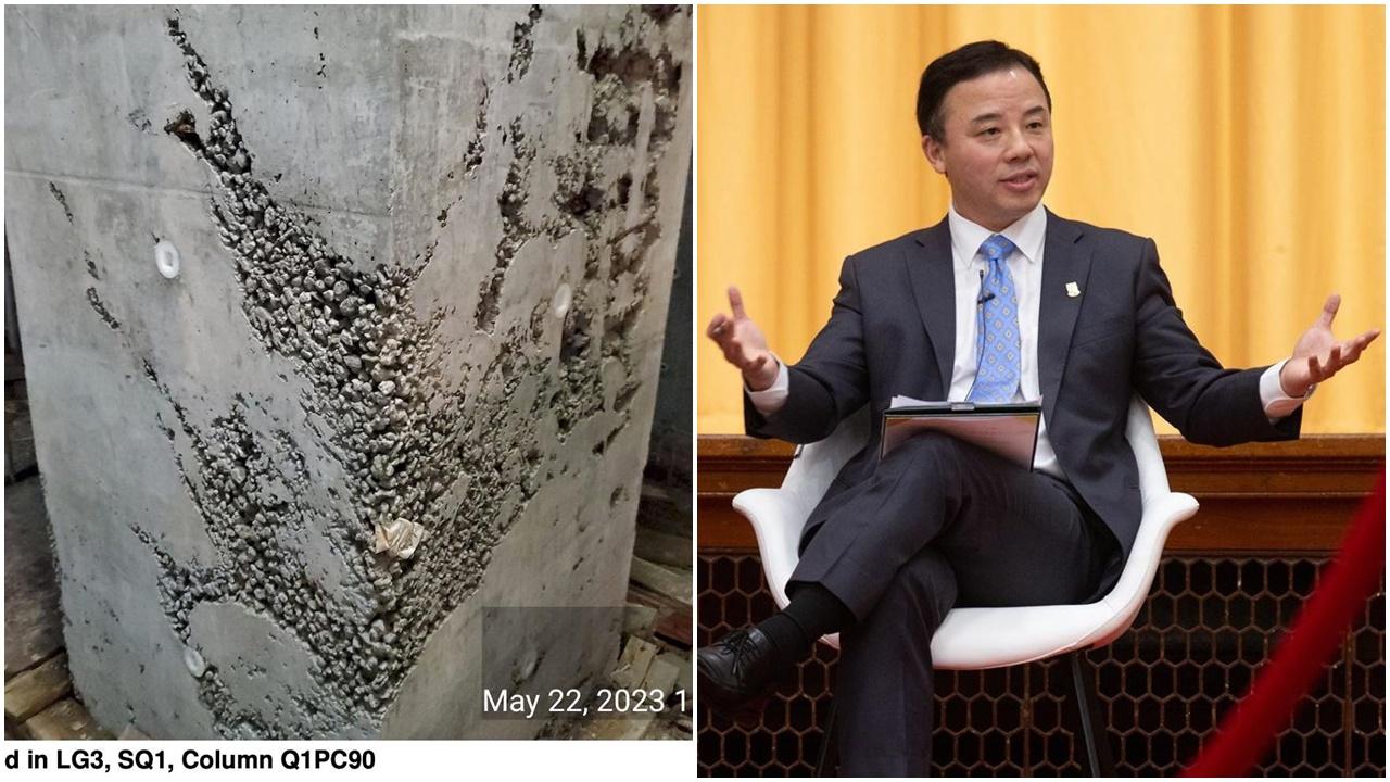 港大工程項目多條結構柱出現石屎「蜂窩洞」，校長張翔指會嚴肅跟進事件。(左：潘焯鴻fb圖；右：資料圖片)