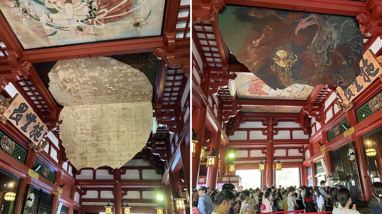 東京淺草寺本堂天花板的「龍之圖」於周六(8日)上午突然剝落，遊客未受影響，如常參觀。(互聯網)