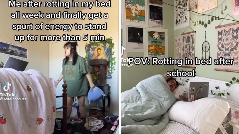 網民紛紛在TikTok上傳「床上擺爛」影片。(互聯網)
