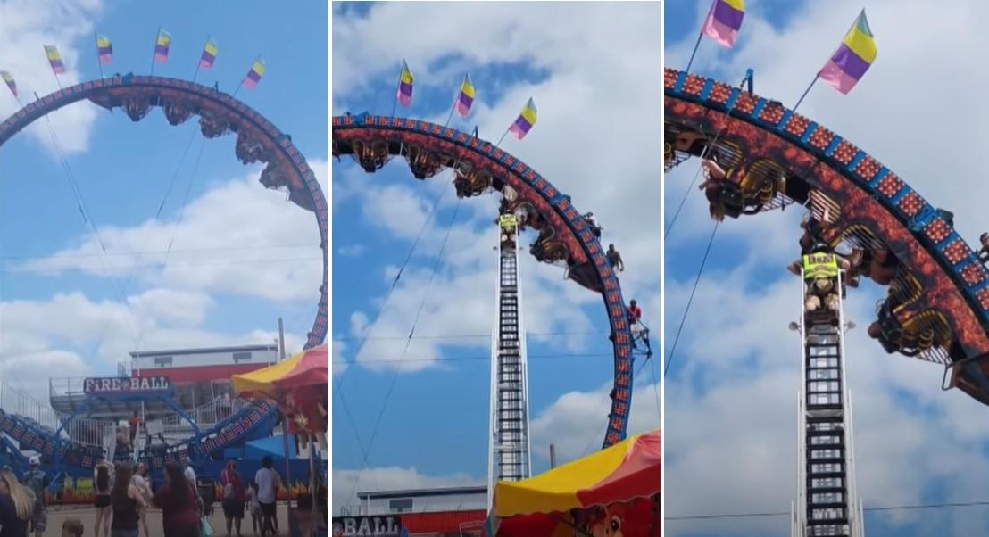 左至右：過山車故障停駛，8人受困半空，消防其後動用升降台將他們逐一救下。(互聯網)