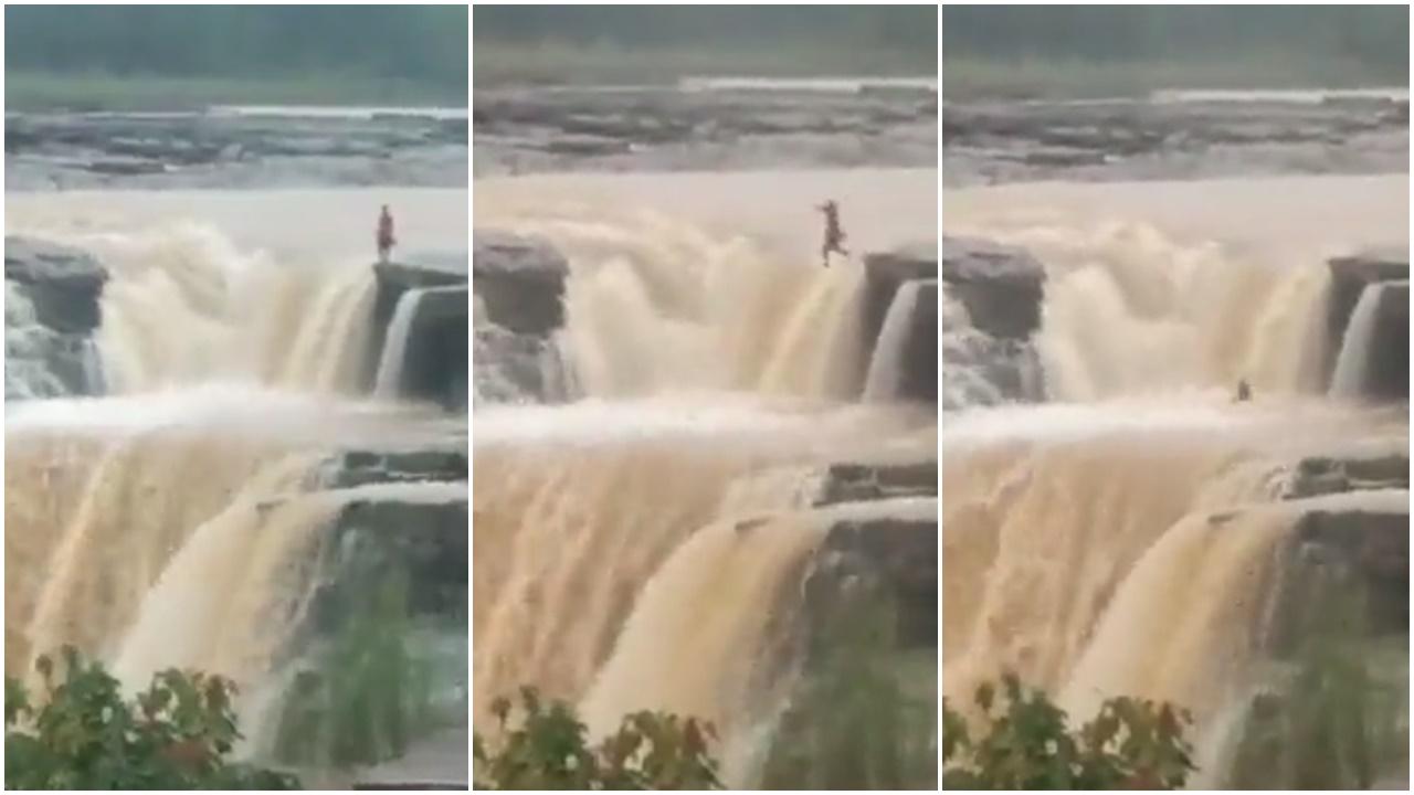 被父母鬧玩手機，印度21歲女衝動跳瀑布。(Twitter)