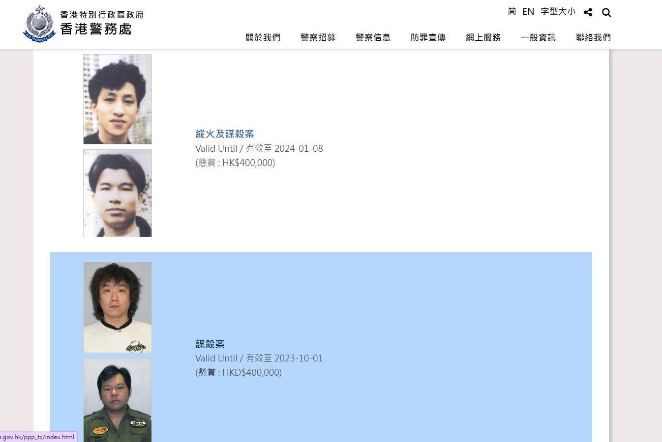 涉及謀殺案的懸紅通輯人士懸紅40萬元（警務處網站截圖）