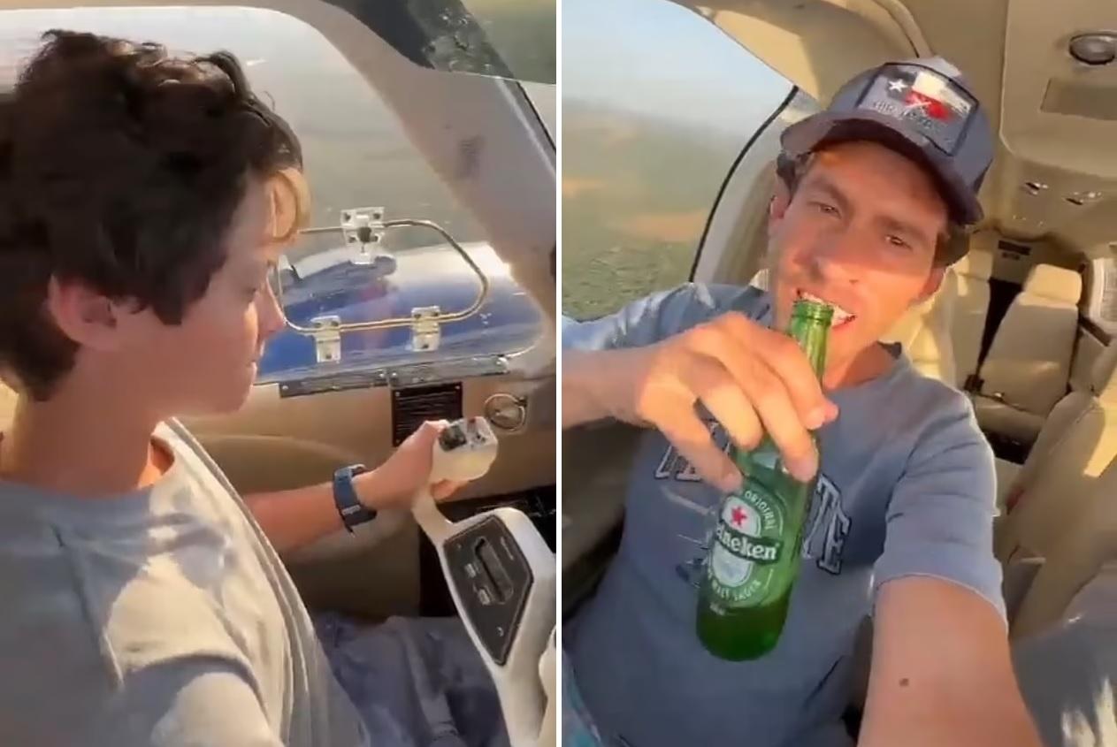 馬伊亞一邊飲啤酒一邊自拍，並教導兒子駕駛小型飛機。(互聯網)