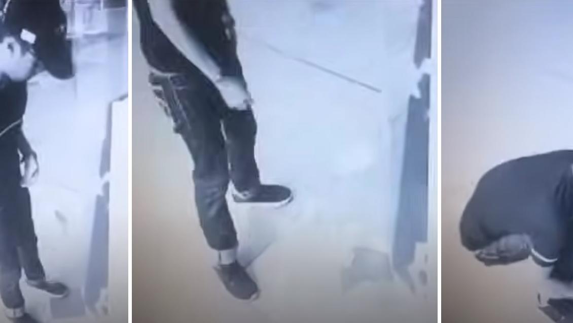 左至右：男子見ATM突然噴錢，轉身望望四周，便蹲下執錢。(互聯網)