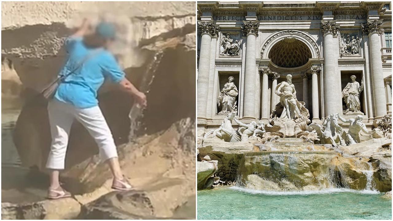 大媽闖羅馬300年噴泉地標，只為裝一樽水。(X)