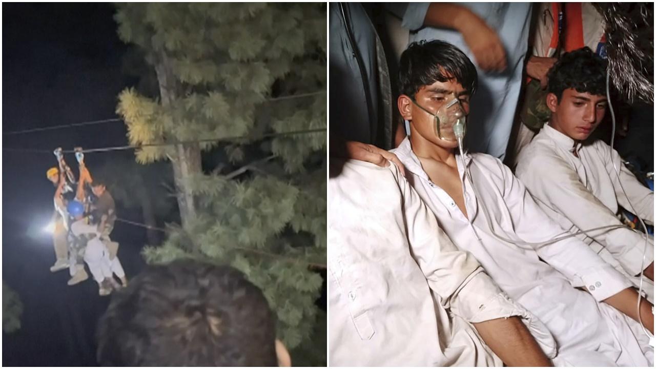 巴基斯坦纜車斷索，8師生被困半空15小時後全部獲救。(AP)