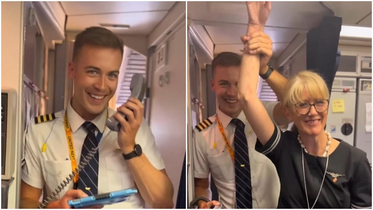 靚仔機師與空姐媽同機，廣播感謝養育之恩。(IG)