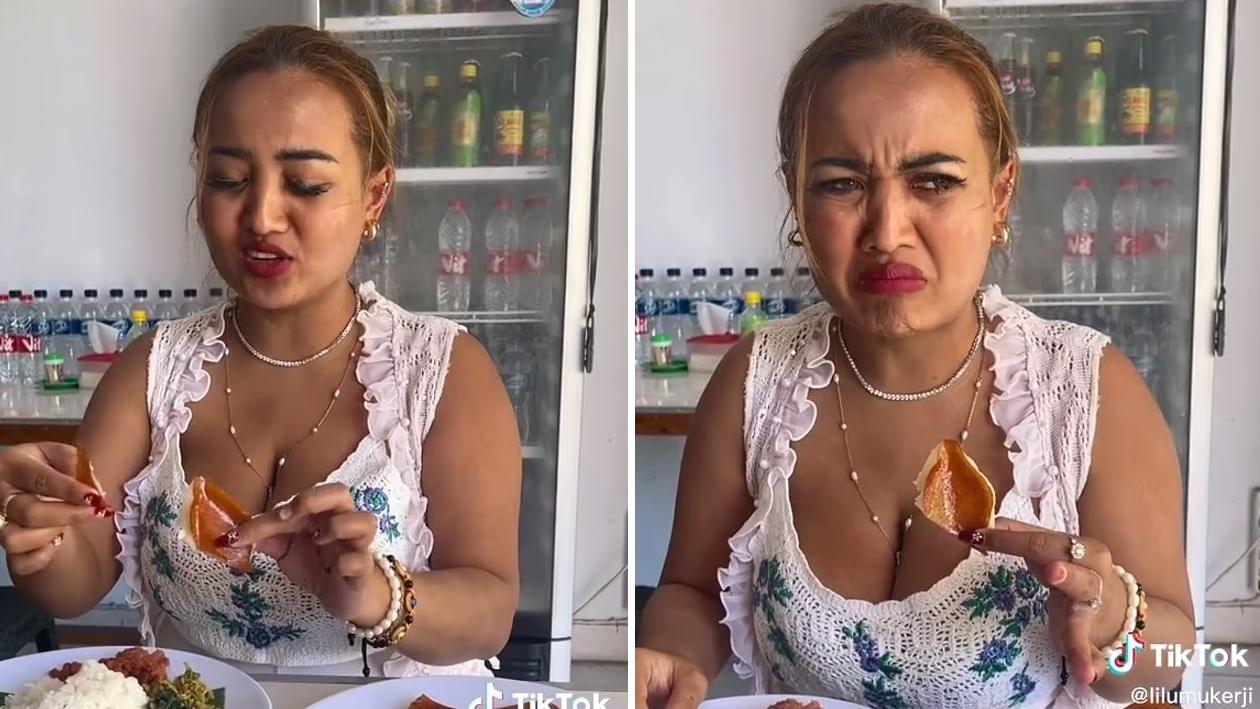 Lina一嚐豬肉乾後似乎覺得豬肉味道古怪。(互聯網)