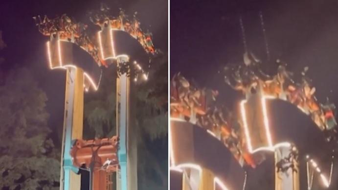 機動遊戲突然停下，遊客們倒掛半空。(互聯網)