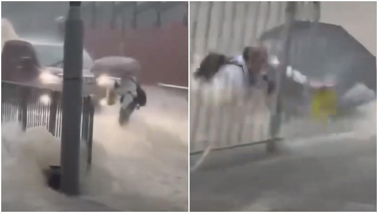 黑雨｜九龍塘義德道現激流，一名中年男子過馬路期間被洪水沖走。(網片截圖)