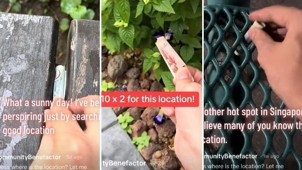 男子把鈔票藏在公園椅子、草叢等不同地點。(互聯網)