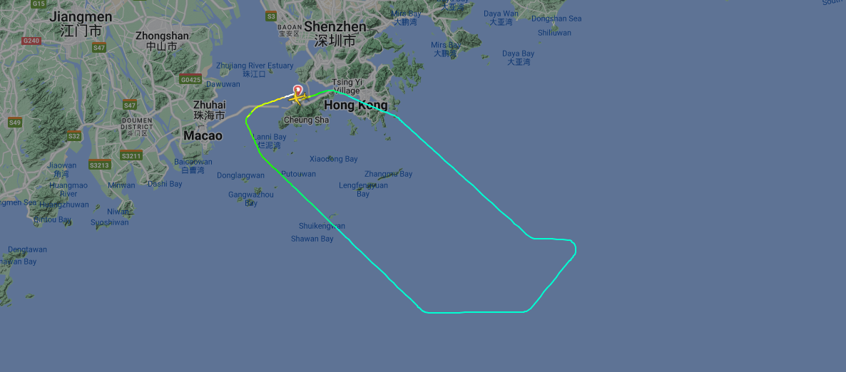 追蹤航班的flightradar平台可見，香港快運飛高雄UO132航班疑機翼問題折返。　