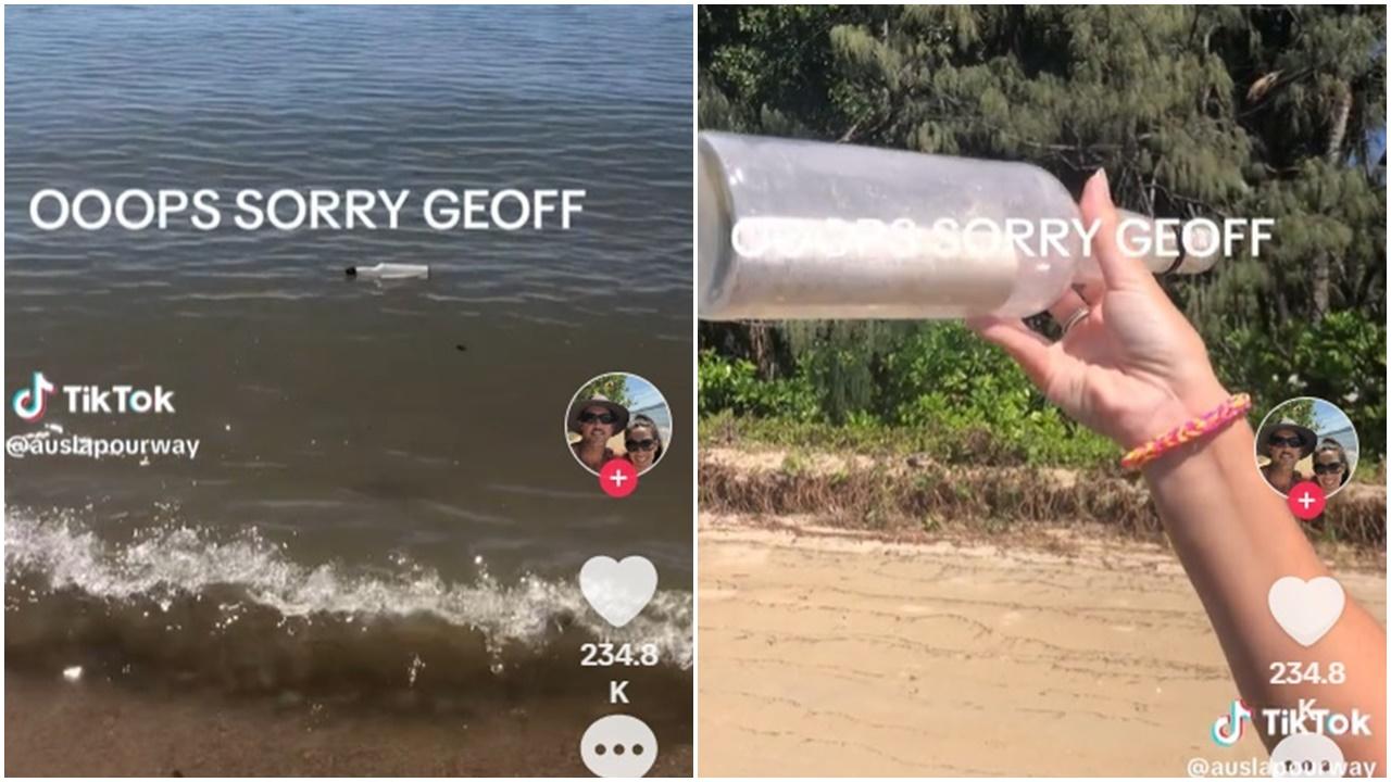 夫妻海邊執到樽，睇完字條嚇到即講「對唔住」。(TikTok)