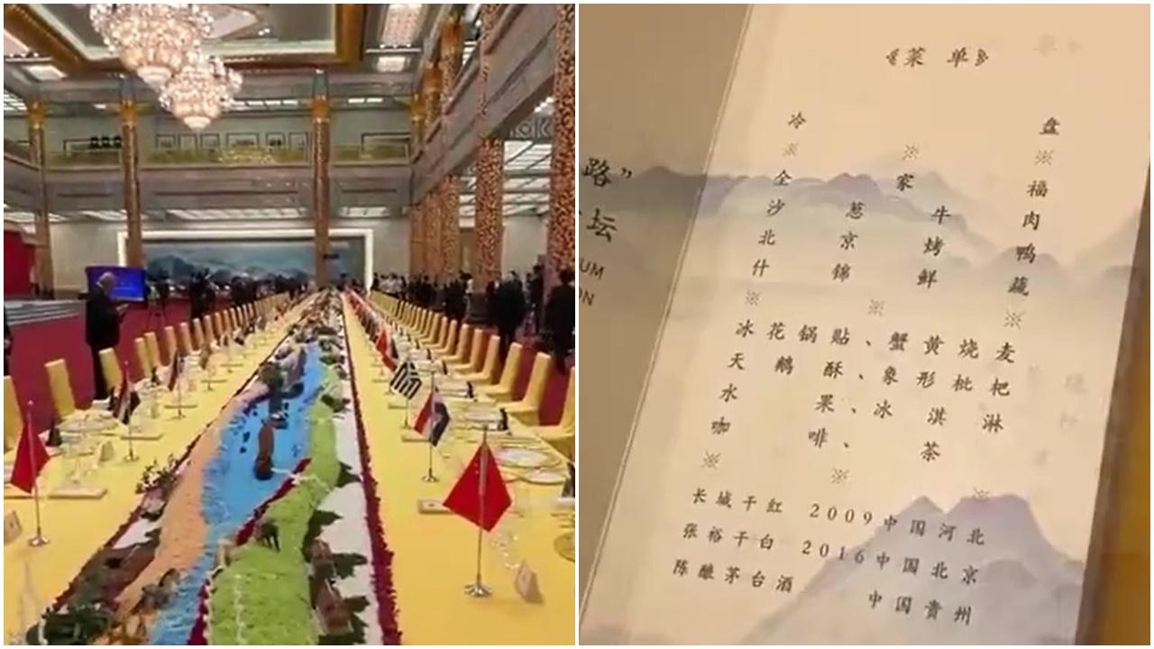 北京一帶一路論壇40米晚宴枱曝光，菜單有北京烤鴨貴州茅台等。(微博)