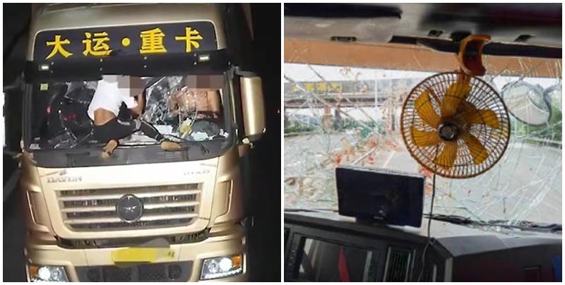 湖北省陽新縣一名貨車司機與一名私家車司機發生爭執後，無視對方爬上貨車擋風玻璃繼續踩油前進，經過百多公里車程，終於在江西省停車讓對方落地，直至數天後才主動投案。(影片截圖)