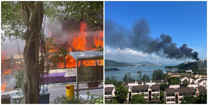 愉景灣巴士自焚燒剩鐵架 黑煙飄過海灣吹至對岸(fb馬路的事 (即時交通資訊台)   )  